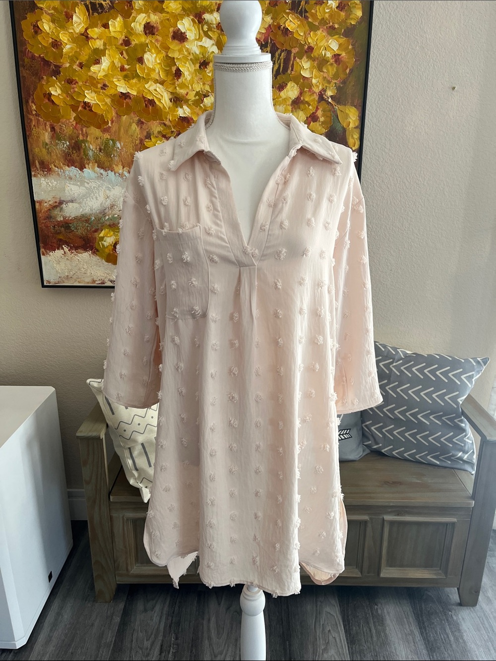 Beige Textured V-Neck Tunic Dress swim cover-up